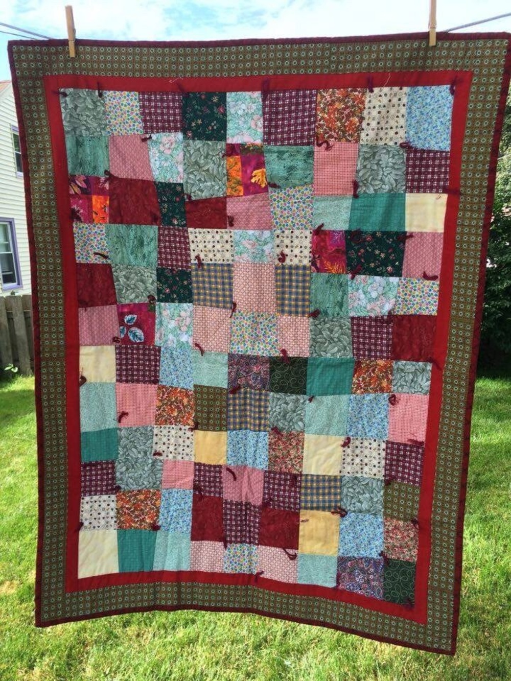 Handmade Patchwork Quilt in Multicolor Red Border